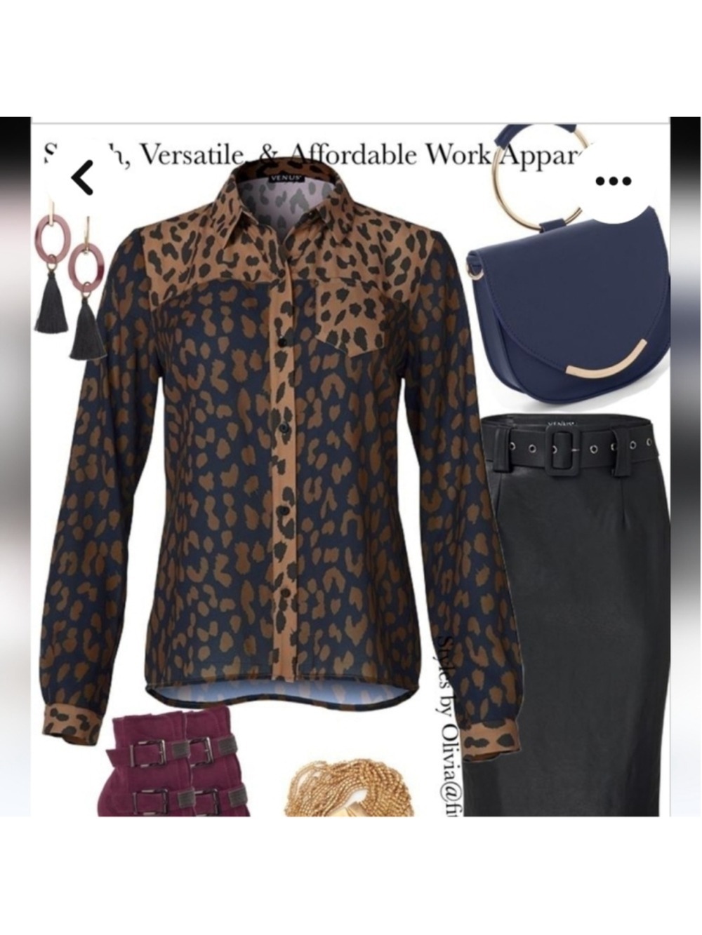 SALE 4/$30 Venus Leopard Print Button Down Blouse Navy Blue Tan Women's Size 4 - Picture 2 of 11